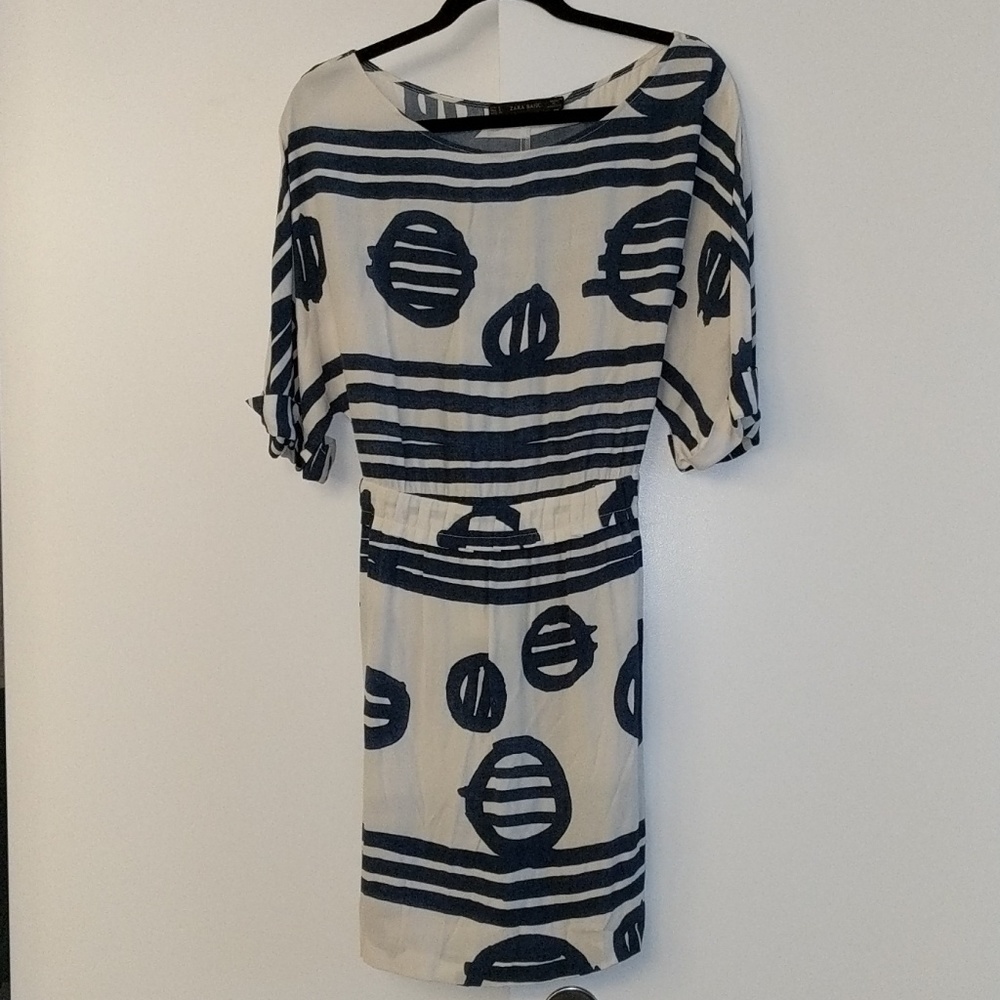 Zara Cream & Navy Tie Tunic Dress - S